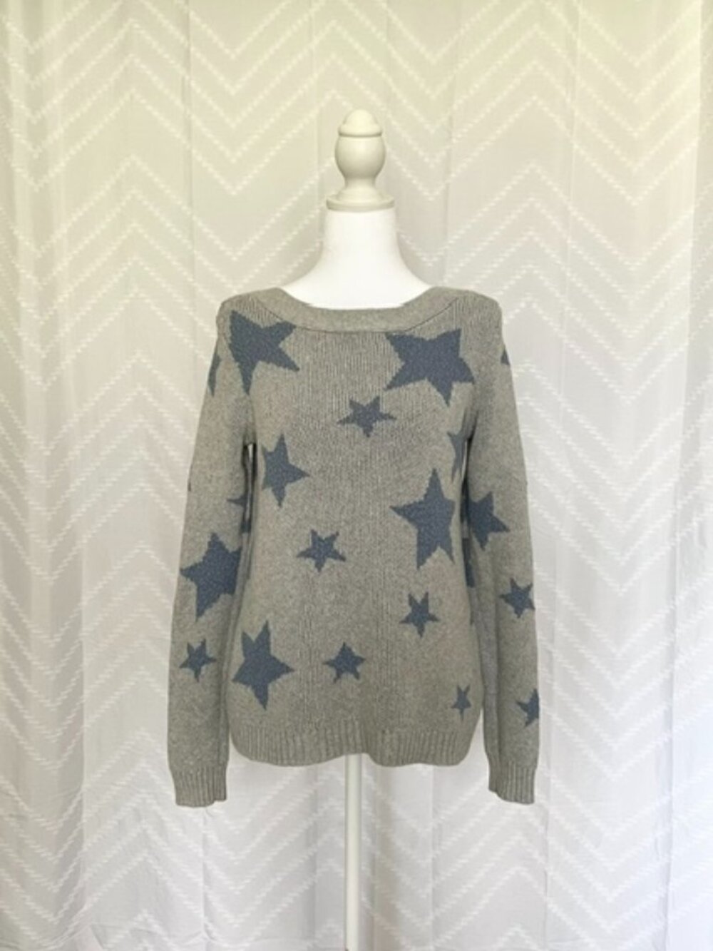 Marled Reunited Clothing Gray Blue Star Knit Sweater Boat Neck Cotton Small